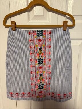 NWOT Boden Flower Embroidered Blue Stripe Linen/Cotton Skirt